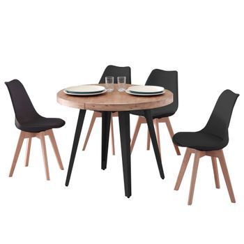 Conjunto De Mesa Extensible Redonda  Con 4 Sillas Estilo Industrial En Color Roble Nordish Y Negro