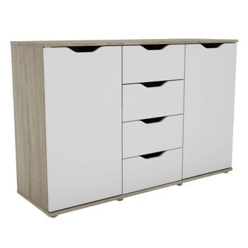 Aparador Parc Salón 2 Puertas 4 Cajones Color Roble Sonoma Y Blanco Mate Melamina 120x78.7x38 Cm
