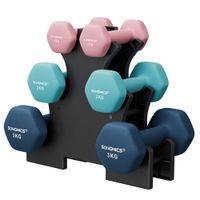 songmics mancuernas juego de mancuernas hexagonales con soporte - 2 x 1 kg 2 x 2 kg 2 x 3 kg acabado vinilo pesas para gimnasio en casa rosa agua y azul