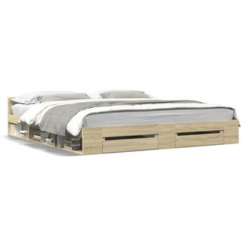 Cama Matrimonial | Cama Para Adultos | Cama Con Cajones Madera Ingeniería Roble Sonoma 200x200 Cm
