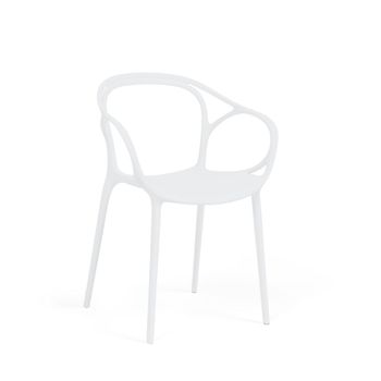 Silla en polipropileno blanco con reposabrazos.