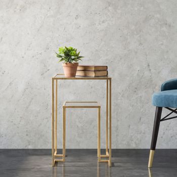 Mesa auxiliar con estante de metal dorado y cristal  39x39x60 cm