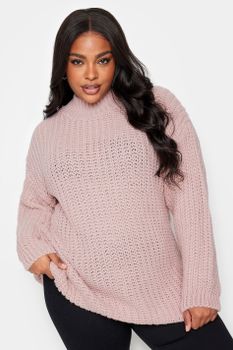 Yours Jersey De Punto Rosa Claro Con Cuello Alto Y Manga Globo, Mujer Curvy Y Tallas Grandes, Yours