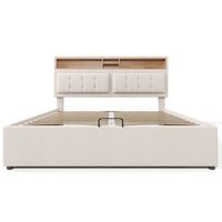 cama con canape 140x200cm en tejido de lino cabecero ajustable con enchufes con somier beige