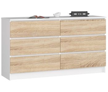 Cómoda akord k140 blanco 138 cm 6 cajones frente en color roble sonoma 138x40x77 cm
