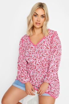Yours Top De Florecitas Rosas Con Cintura Fruncida, Mujer Curvy Y Tallas Grandes, Yours