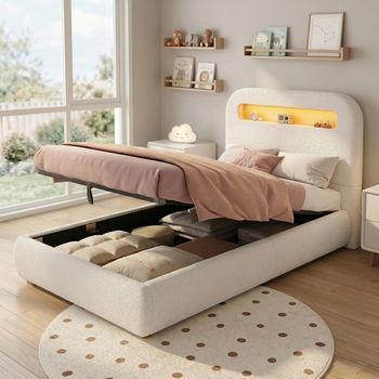 Cama Infantil Tapizada 90x200 Cm Bouclé Blanco Con Somier De Lamas, Cabecero, Almacenamiento Hidráulico, Iluminación Led Y Patas De Madera Maciza.