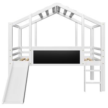 Cama Infantil 90 X 200 Cm - Diseño De Altillo Con Escalera Y Tobogán De Seguridad, Con Pizarra, Cama Multifuncional, Madera Maciza, Blanca
