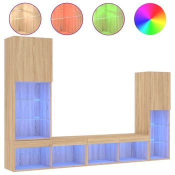 Muebles Tv Pared Con Led 4 Uds | Mueble De Salón | Mesa De Tv Madera Ingeniería Roble Sonoma