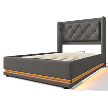 Cama Simple 90x200 Cm, Algodón, Led 3 Lados, Mando A Distancia, 2 Usb C, Cabecero Acolchado, Hidráulico, Incluye Colchón De 406, Beige