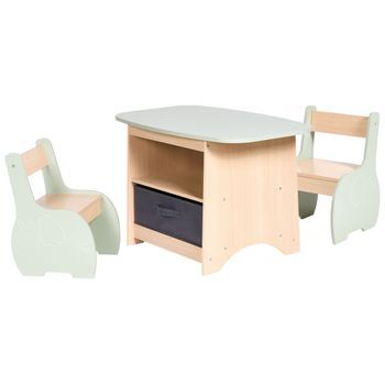 Conjunto De Mesa Y Sillas Infantil Elegante De 2 Plazas De Mdf Con Caja De Almacenaje Habitación Infantil Marrón Claro Y Verde Lucas