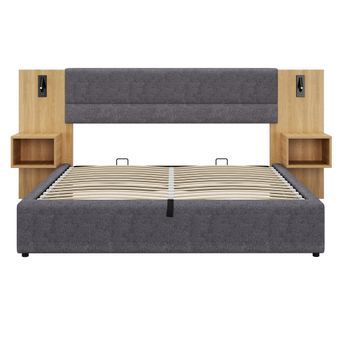 Cama Contenedor Amplia 180x200 Cm Acolchada En Terciopelo - Con Puerto Usb Y Led - 2 Mesitas De Noche - Gris Y Natural