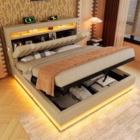 cama doble tapizada con cabecero que incluye espacio de almacenamiento y puertos usb y type-c iluminacion led en cabecero y pie de cama con espacio de almacenamiento hidraulico color lino beige sin colchon