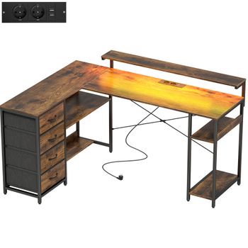 HOMCOM Escritorio Gaming en L mesa con toma de corriente iluminación LED 4 cajones soporte para monitor 155x110x91,4 cm Marrón   Aosom España