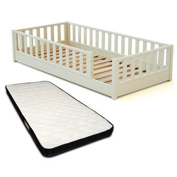Cama Infantil A Ras De Suelo De Madera Sonho Con Colchón - 90x190 - Blanco Perla - Jurababy