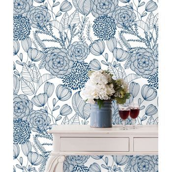 Papel Pintado Vinílico Ecológico De Flores Dibujadas Con Trazos Azules - Morgan Flowers 680643 De Gaulan - Rollo De 10 M X 0,53 M