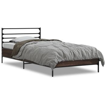 Estructura Cama Madera Ingeniería Metal Marrón Roble 90x190 Cm