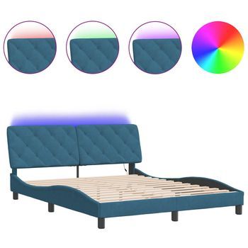 Cama Matrimonial | Cama Para Adultos | Estructura De Cama Con Luces Led Terciopelo Azul 160x200 Cm