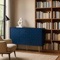 libreria tallada en azul con cajones y puertas