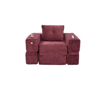 Sofá cama individual - asiento con espuma de alta densidad y muelles, bolsillo lateral, portavasos y reposabrazos con cremallera - rojo vino