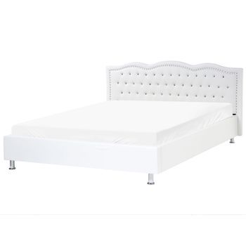 Cama Con Somier De Piel Sintética Blanco Plateado 180 X 200 Cm Cabecero Botones Metz