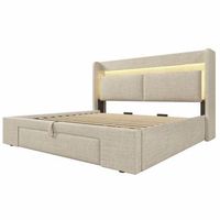 cama de lino beige 180 x 200 cm con almacenaje hidraulico cabecero abatible cajon led usb y usb-c