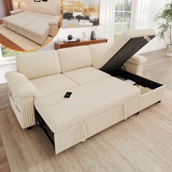 Sofá Cama Rinconera En L De 3 Plazas, Pana Beige Y Chaise Longue Reversible