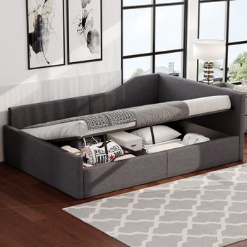 Cama Con Canapé Abatible De 140 X 200 Cm Con Cabecero Y Respaldo, Sofá Cama - Tejido De Lino - Gris (sin Colchón)