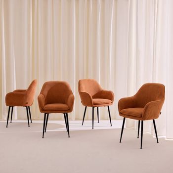 Sillón de terciopelo de canalé y patas de metal negro, set de 4, camel