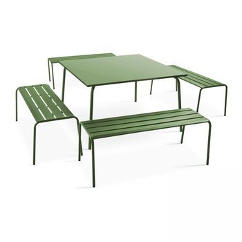 Mesa De Jardín Cuadrada Y 4 Bancos De Metal Verde Cactus, Palavas - Oviala
