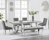 haven 180cm grey marble table with talia velvet chairs and grey velvet fitzrovia bench - grey 2 chairs