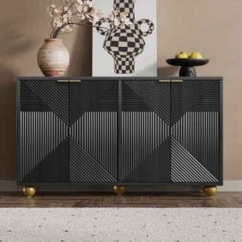 Aparador Art Déco negro con 4 puertas talladas y patas esféricas.