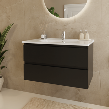 Mueble De Baño Suspendido 80 Cm Negro Mate - Lavabo Blanco - Con 2 Cajones - Lomazoo Marenza