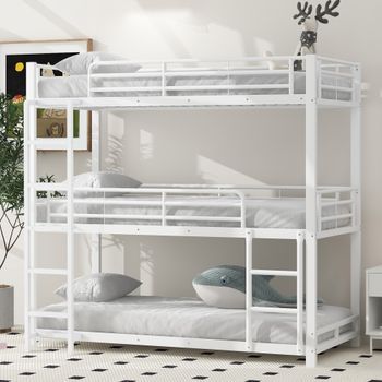 Litera Metálica De 3 Plazas 90 X 200 Cm Con Escalera Y Barandillas - Para Niños - Blanco