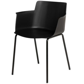 Silla con respaldo ergonómico, reposabrazos y patas de metal negra.