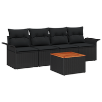 juego de sofa de jardin de 5 uds con cojines negro ratan polimerico acacia cfw221778