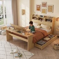 cama juvenil con almacenamiento cajon y mesa plegable estante cabecero madera natural 140x200 cm