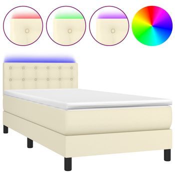 Cama Individual | Cama Para Adulto | Cama Box Spring Y Colchón Led Cuero Sintético Crema 90x190 Cm