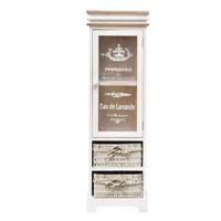 vitrina de 2 cajones y 1 puerta de madera y mimbre blanca