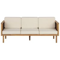 sofa 3 plazas de madera de acacia clara beige claro cojines reposabrazos baratti
