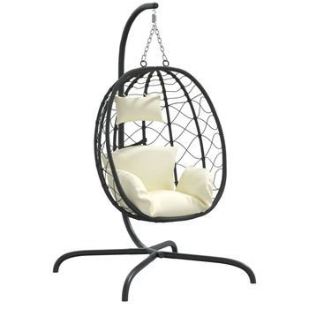 Silla Colgante Huevo Acero Ratán Sintético Cojín Blanco Crema
