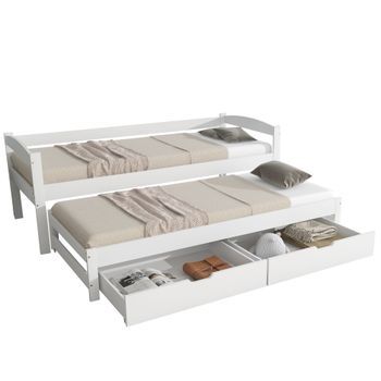Cama Infantil 90x200 Cm - Cama Nido Con Ruedas - 2 Cajones - Estructura De Madera - Color Blanco