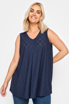 Yours Top Azul Marino Sin Mangas De Bordados Con Calados, Mujer Curvy Y Tallas Grandes, Yours