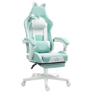 HOMCOM Silla Gamer Reclinable con Altura Ajustable Reposapiés Retráctil Soporte Lumbar y Reposacabezas Desmontable Azul Claro