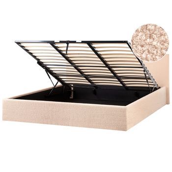 Cama Tapizada De Bouclé 180 X 200 Cm Con Almacenaje Cabecero Elevable Beige Orbey