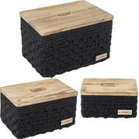 set 3 cajas almacenamiento tela negra con tapa madera