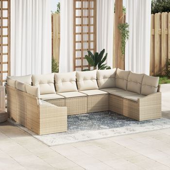Conjunto De Sofás De Jardín De 9 Piezas Con Cojines Beige Poliratán V4670 Unico / Beige