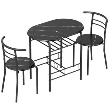 HOMCOM Conjunto de Comedor 3 Piezas Mesa de Cocina y Sillas para 2 Personas con Estante Salón Efecto Mármol Negro   Aosom España