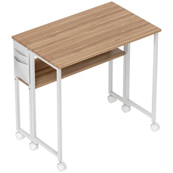 HOMCOM Escritorio Plegable con Ruedas Balda y Bolsillo de Almacenaje Ideal para Espacios Pequeños 80x50x75 cm Blanco y Natural   Aosom España