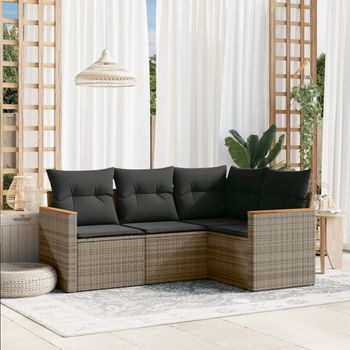 Conjunto De Sofás De Jardín 4 Uds | Mueble Jardin Mesa Y Sillas Y Cojines Ratán Sintético Gris Cfw846223